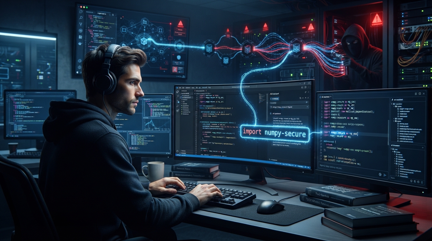 AI coding assistant creating a fake software package in a slopsquatting supply chain attack