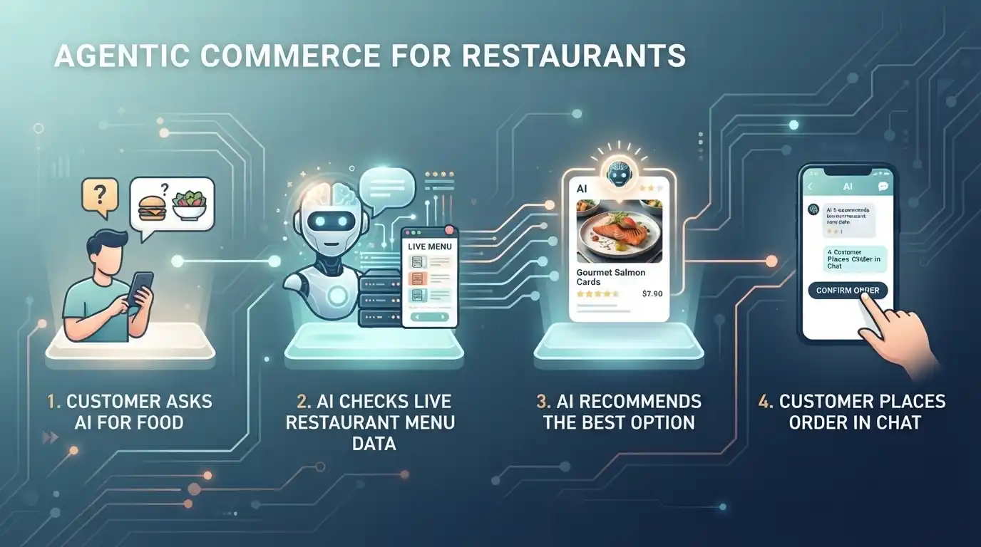 Agentic commerce flow showing AI restaurant discovery and ordering
