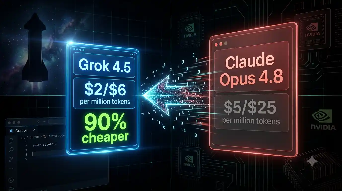 Grok 4.5 vs Claude Opus pricing comparison showing 90% cost savings per task in 2026
