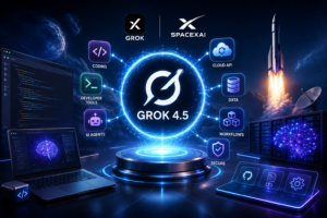 Developer-focused image showing Grok 4.5 integrated with Cursor, AI coding workflows, autonomous agents, and multi-step software development tasks