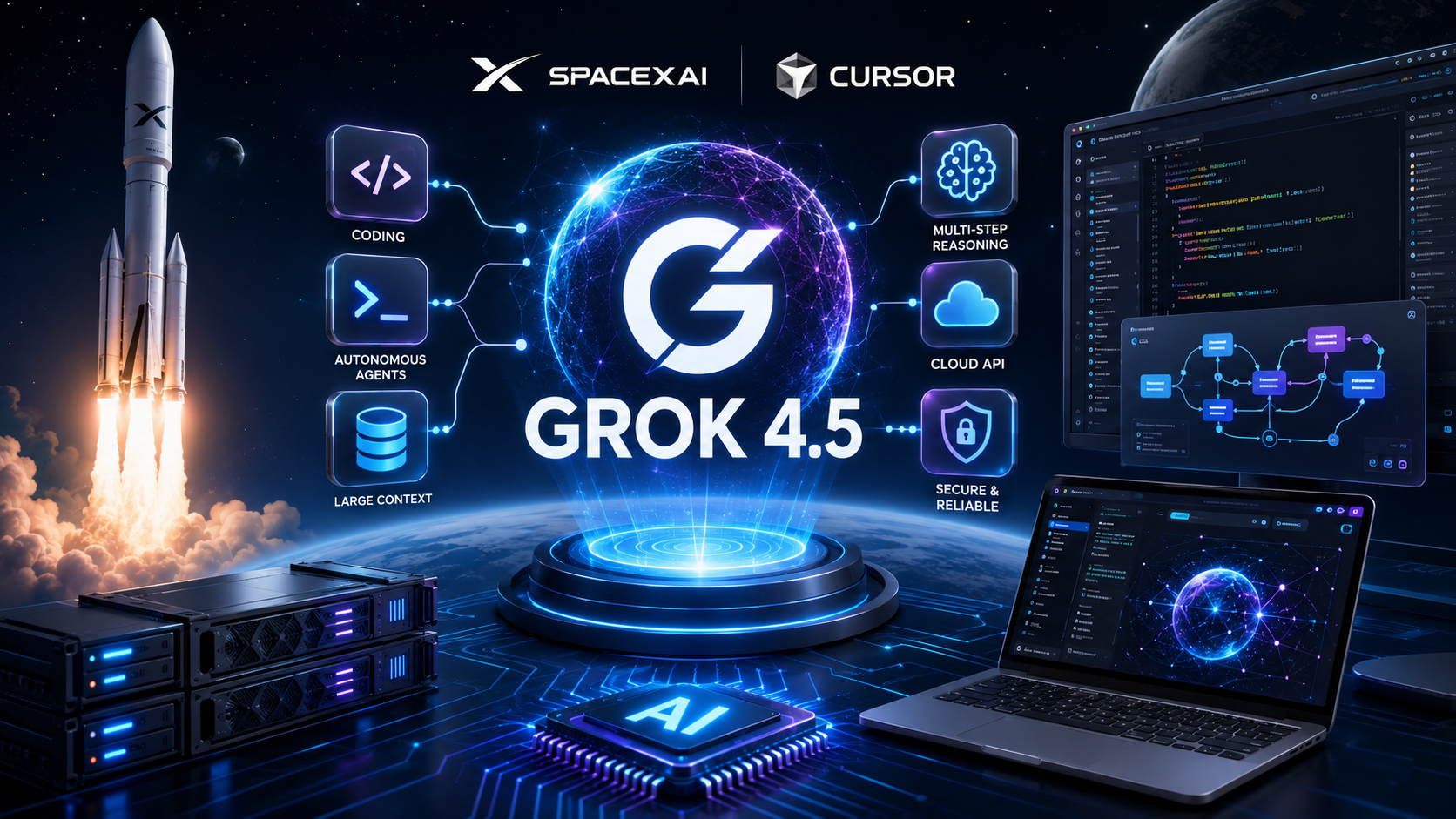 
Illustration of Grok 4.5 pricing and performance advantage with token efficiency, analytics, and enterprise AI cost savings visuals