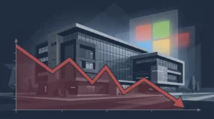Microsoft layoffs 2026 illustration showing corporate restructuring and declining stock trend