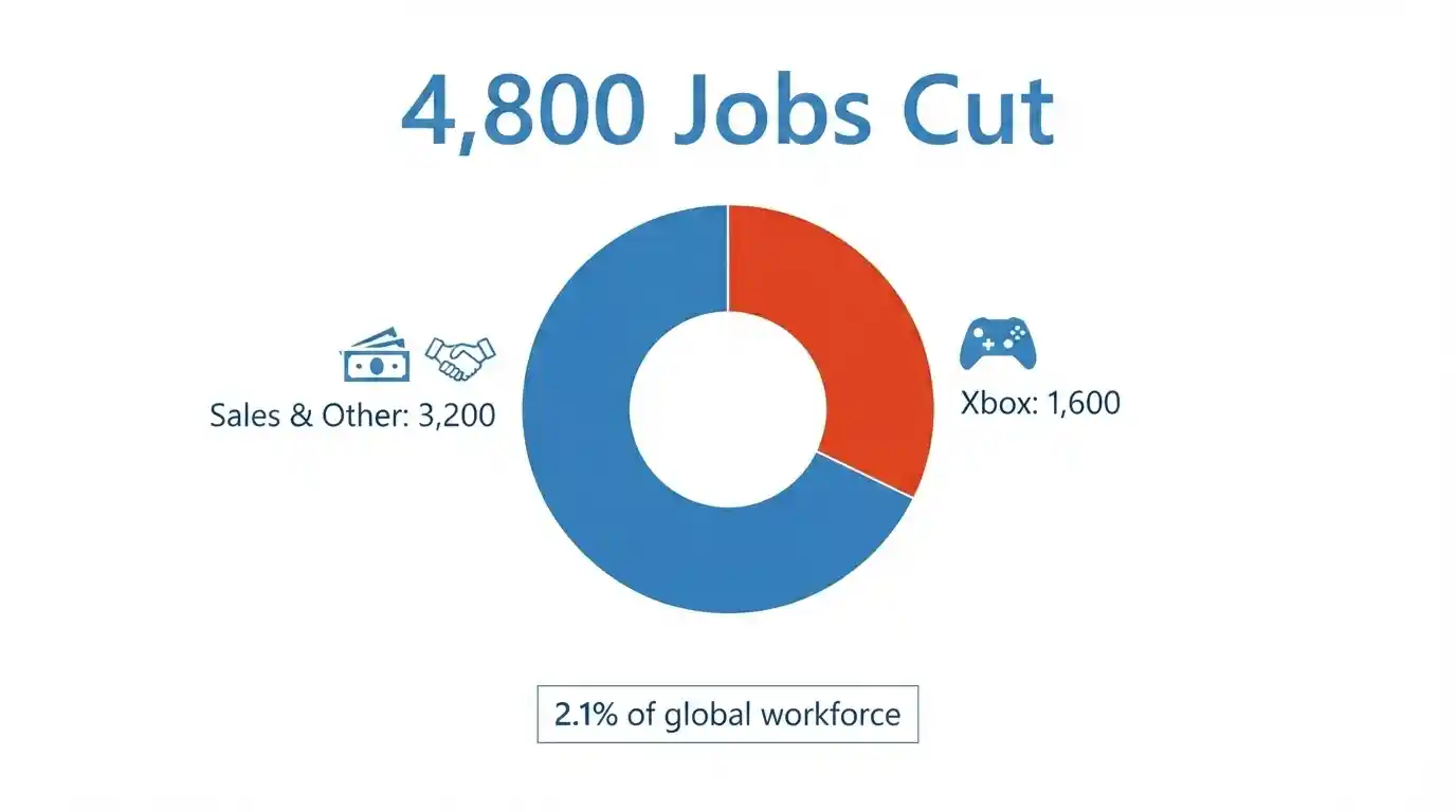 Infographic breaking down the Microsoft layoffs 2026 by division, Xbox and sales