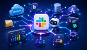 Slack AI Update 2026 showing Slackbot connected with Salesforce, AI agents, business data and enterprise workflows