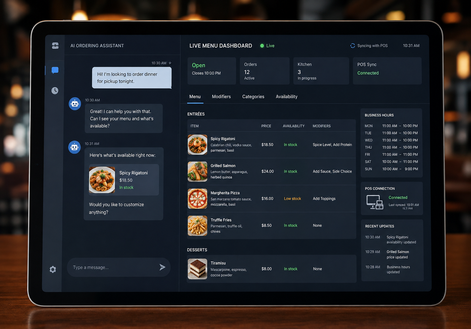 AI ordering assistant connected to a live restaurant menu with prices, availability, hours, and POS data