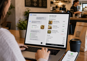Customer using an AI assistant to find a restaurant, check a live menu, and place a food order online