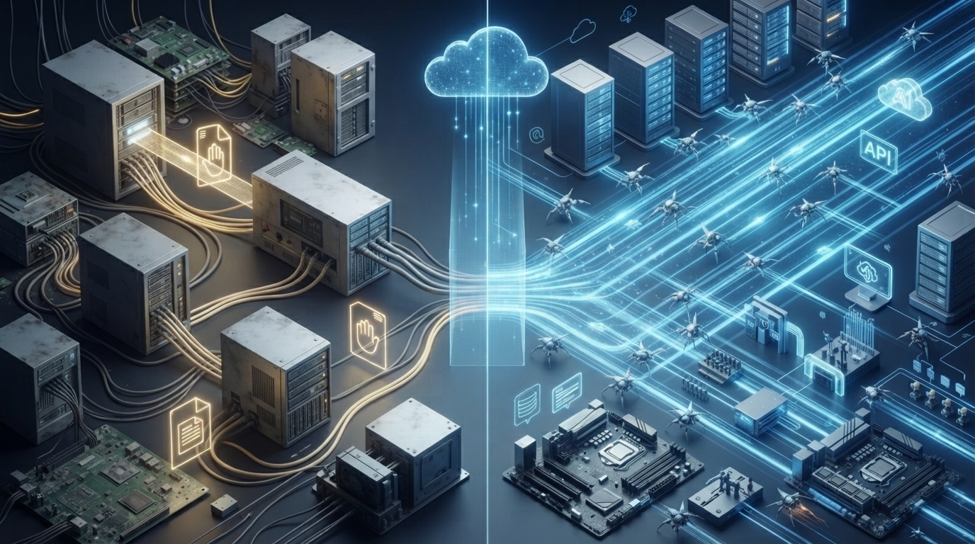 Traditional human workflows compared with autonomous AI agent infrastructure