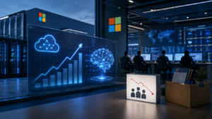 Microsoft data center and AI infrastructure illustrating rising AI investment alongside workforce reductions