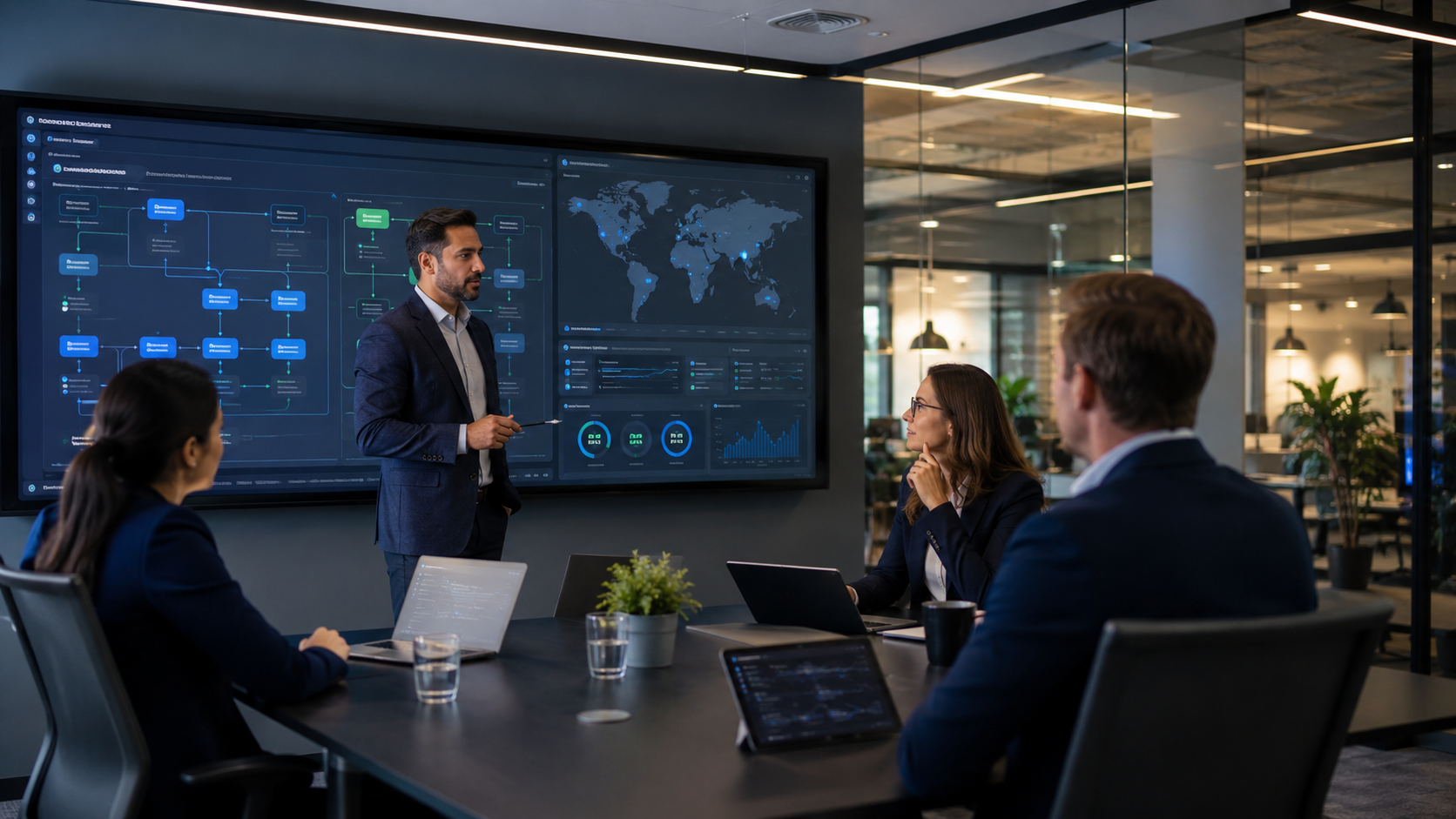 AI engineers and business teams working together on enterprise AI integration, workflows, and deployment metrics