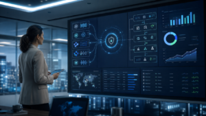 Business leaders and AI specialists discussing enterprise AI implementation and workflow performance in a modern office