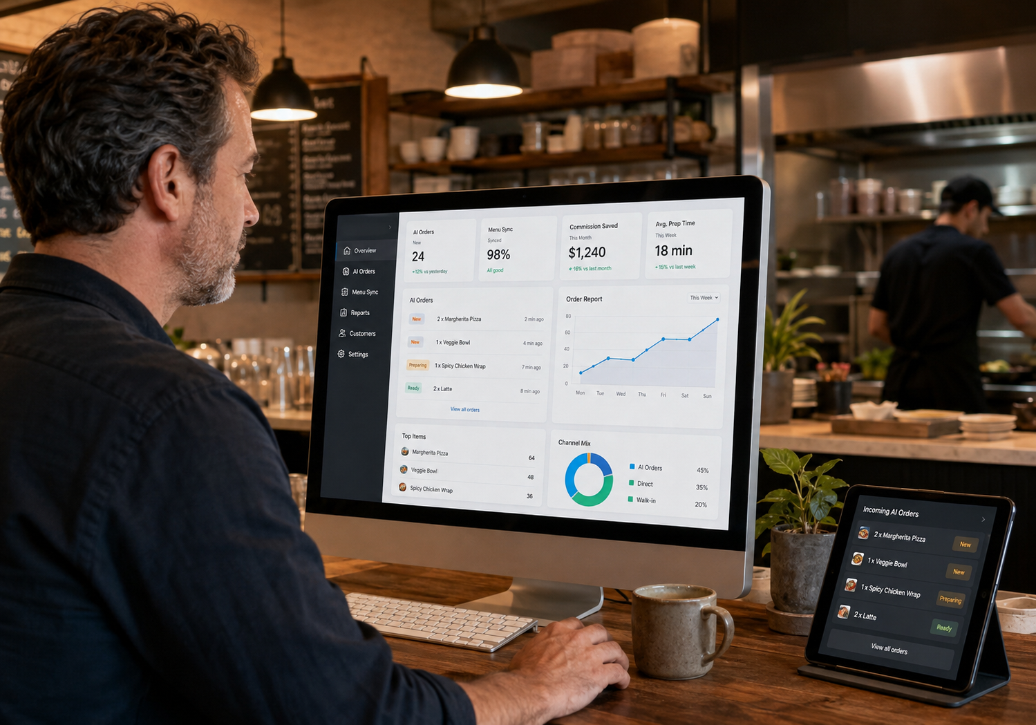 Restaurant owner reviewing AI-generated food orders, menu syncing, and order analytics on a digital dashboard