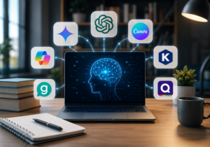 Teacher using a laptop surrounded by AI tools for lesson planning, research, quizzes, grading, and classroom productivity.