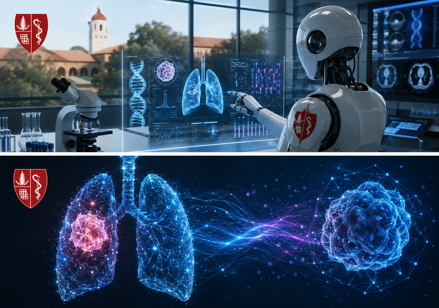 Stanford Virtual Biotech AI robot analyzing lung scans, DNA data, and clinical research in a futuristic laboratory.