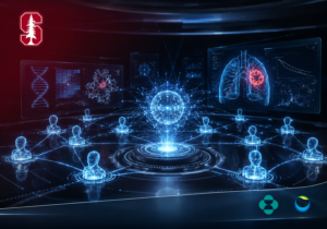 Stanford Virtual Biotech AI agents analyzing clinical trial data, genomics, and lung cancer research in a futuristic biomedical command center.