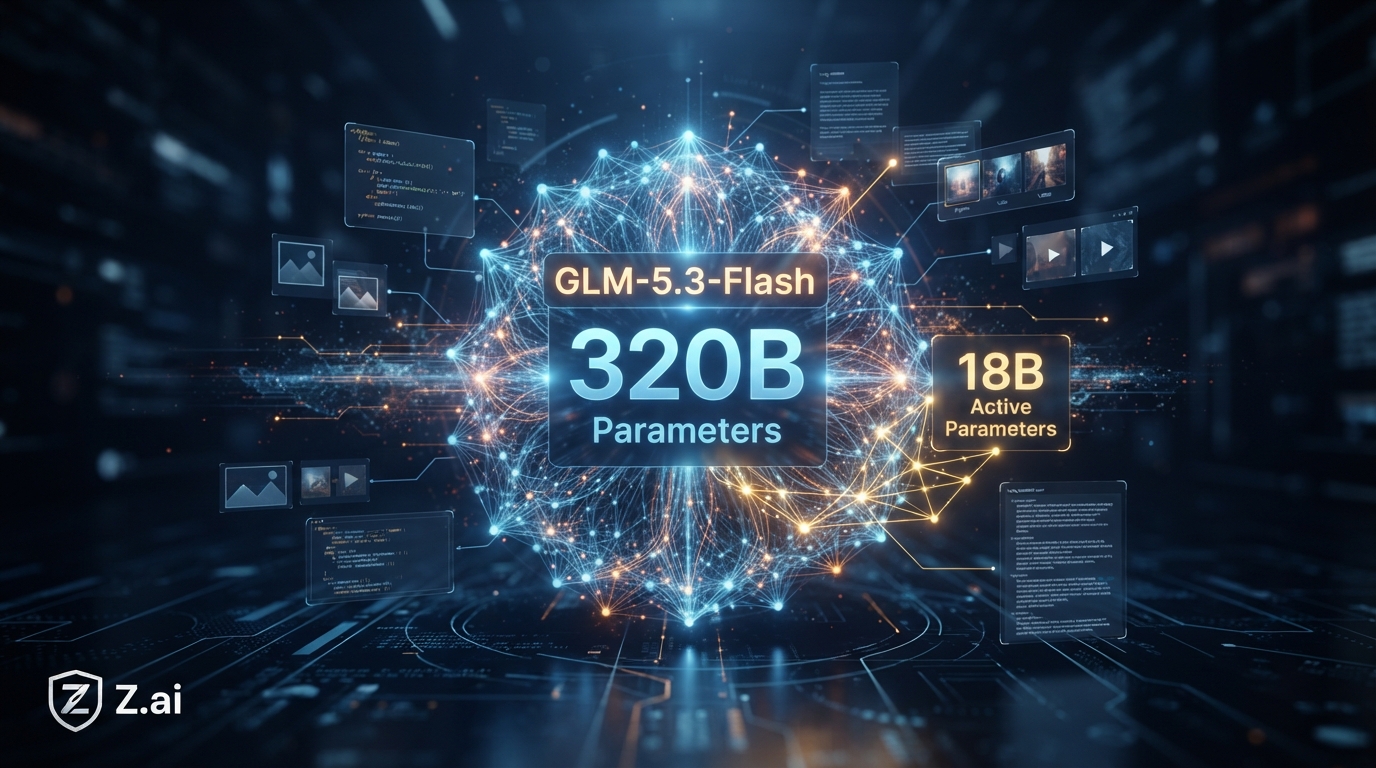 GLM-5.3-Flash AI model from Z.ai showing multimodal and Mixture-of-Experts technology