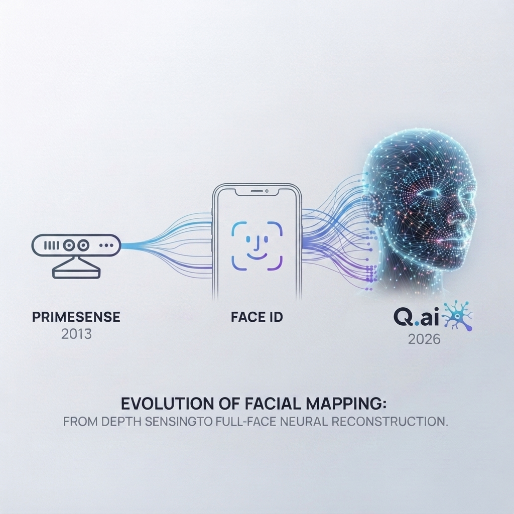 Timeline graphic showing Aviad Maizels' path from PrimeSense to Face ID to Q.ai