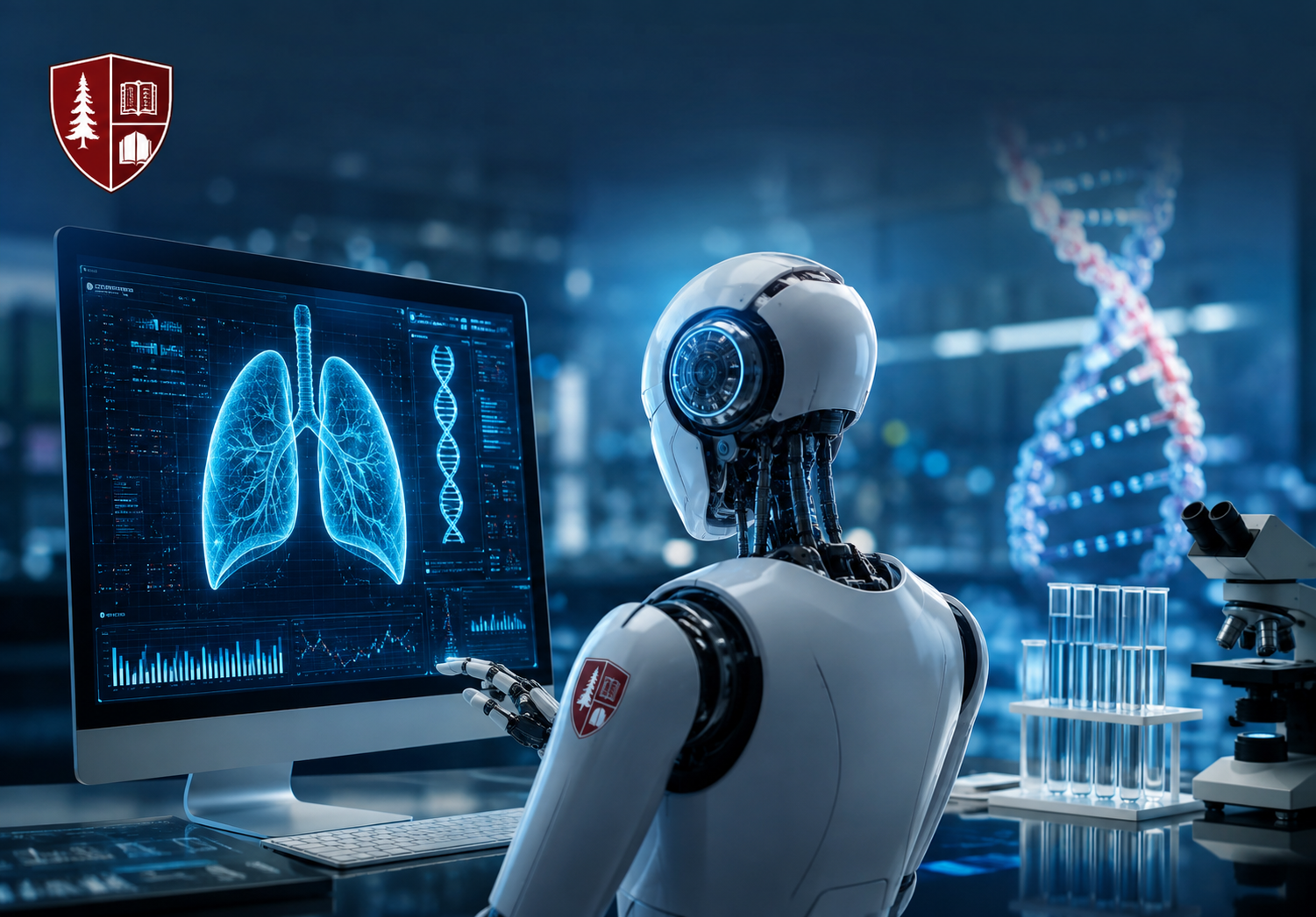 Stanford Virtual Biotech AI robot analyzing lung scans, DNA data, and clinical research in a futuristic laboratory.